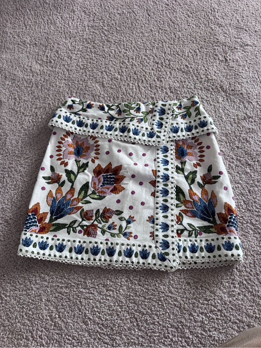 FARM Rio White Mini Skirt with Blue, Rust & Green Floral Embroidery